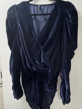 Zara Deep Blue Velvet Wrap Bodysuit with Puff Sleeves